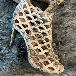 Snake print peep toe heels
